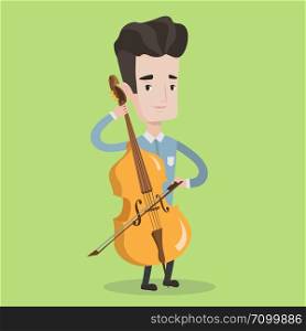 Young man playing cello. Cellist playing classical music on cello. Young man with cello and bow. Vector flat design illustration. Square layout.. Man playing cello vector illustration.