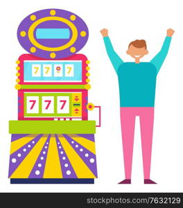 Young man playing colorful slot machine. Cheerful guy winning money in casino, game of chance. Gambling vector, lucky seven, jackpot symbol. Vector illustration in flat cartoon style. Man Playing Slot Machines, Gambling Game Vector