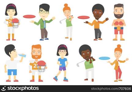 Young man playing flying disc. Man throwing flying disc. Woman catching flying disc. People having fun while playing flying disk. Set of vector flat design illustrations isolated on white background.. Vector set of sport characters.