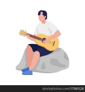 Young man playing guitar semi flat color vector character. Sitting figure. Full body person on white. Campfire guitarist isolated modern cartoon style illustration for graphic design and animation. Young man playing guitar semi flat color vector character