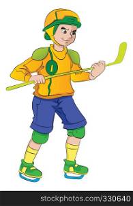 Young Man Playing Hockey, vector illustration