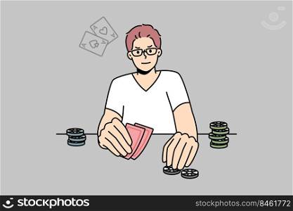 Young man playing poker. Male gamer engaged in gambling enjoy card game at table. Vector illustration.. Man playing poker at table