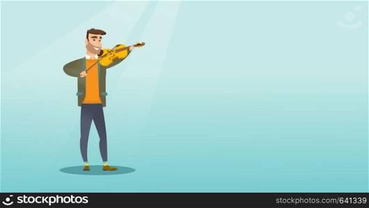 Young man playing the violin. Violinist playing classical music on the violin. Full length of a caucasian man standing with the violin in hands. Vector flat design illustration. Horizontal layout.. Man playing the violin vector illustration.