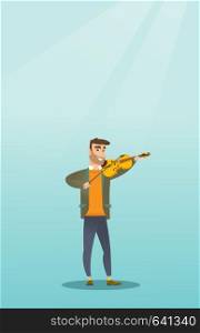 Young man playing the violin. Violinist playing classical music on the violin. Full length of a caucasian man standing with the violin in hands. Vector flat design illustration. Vertical layout.. Man playing the violin vector illustration.