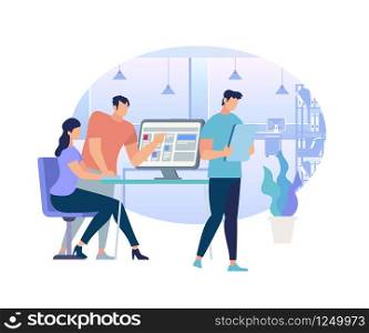 Young Man Pointing to Computer Monitor Screen and Giving Advice to Girl Sitting at Desk. Guy Using Tablet. People Working in Office Isolated on White Background. Cartoon Flat Vector Illustration. Young People Working in Office Isolated on White