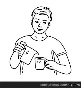 Young man pours himself coffee. Guy doing morning routine, preparing breakfast.Daily rituals. Hand drawn doodle vector illustration. Black and white sketch