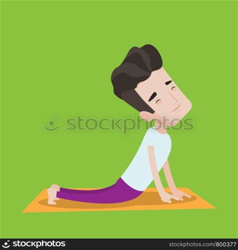 Young man practicing yoga upward dog pose. Man meditating in yoga upward dog position. Man doing yoga. Vector flat design illustration. Square layout.. Man practicing yoga upward dog pose.