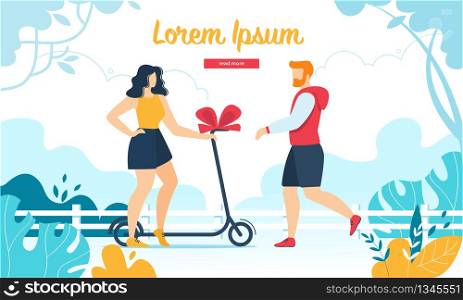 Young Man Presenting Scooter Wrapped with Red Bow to Girl on Birthday. Human Relations, Love, Festive Event Celebration, Sportive People Lifestyle. Cartoon Flat Vector Illustration, Horizontal Banner. Man Present Scooter Wrapped with Red Bow to Girl