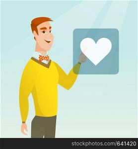 Young man pressing heart shaped button. Caucasian man pressing heart shaped button of social network. Concept of social network and communication. Vector flat design illustration. Square layout.. Young man pressing heart shaped button.