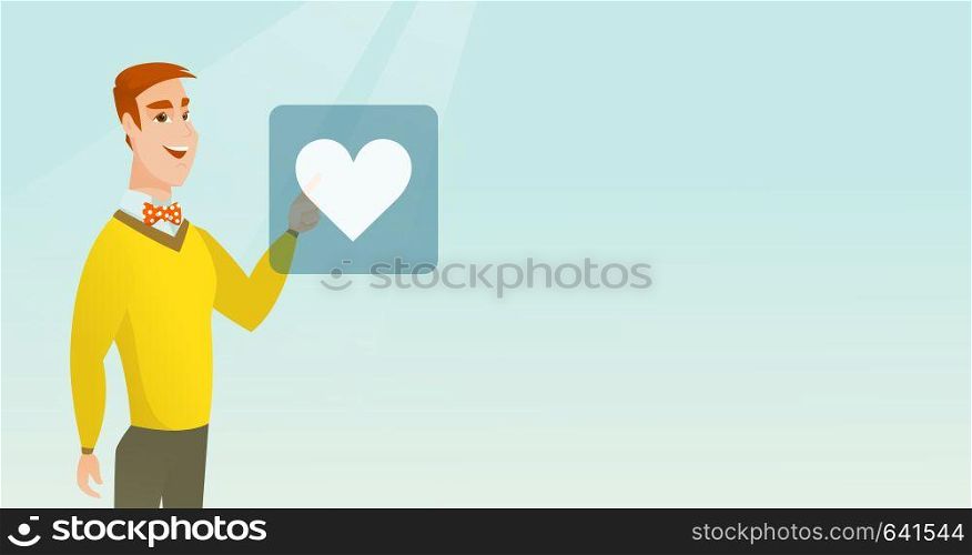 Young man pressing heart shaped button. Caucasian man pressing heart shaped button of social network. Concept of social network and communication. Vector flat design illustration. Horizontal layout.. Young man pressing heart shaped button.