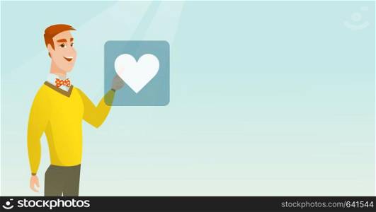 Young man pressing heart shaped button. Caucasian man pressing heart shaped button of social network. Concept of social network and communication. Vector flat design illustration. Horizontal layout.. Young man pressing heart shaped button.