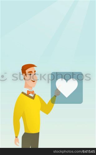 Young man pressing heart shaped button. Caucasian man pressing heart shaped button of social network. Concept of social network and communication. Vector flat design illustration. Vertical layout.. Young man pressing heart shaped button.