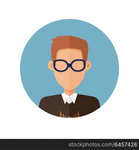 Young Man Private Avatar Icon. Young man private avatar icon. Young brunette man in brown sweater and glasses. Social networks business private users avatar pictogram. Isolated vector illustration on white background.