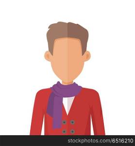 Young Man Private Avatar Icon. Young man private avatar icon. Young man in maroon sweater and lilac scarf. Social networks business private users avatar pictogram. Isolated vector illustration on white background.