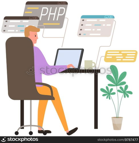 Young man programmer coding and correct errors in php project. Guy sitting near web page template working on web development on computer. Script coding and programming in php python javascript. Young man programmer coding and correct errors in project, sitting near web page working with laptop