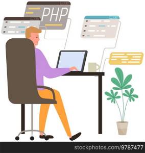 Young man programmer coding and correct errors in php project. Guy sitting near web page template working on web development on computer. Script coding and programming in php python javascript. Young man programmer coding and correct errors in project, sitting near web page working with laptop