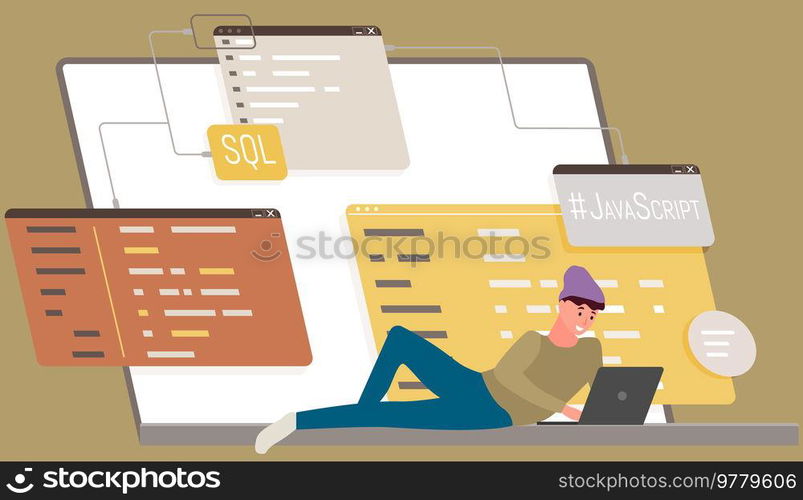 Young man programmer coding and correct errors in project. Guy sitting near web page template working on web development on computer. Concept of script coding and programming in php python javascript. Young man programmer coding and correct errors in project, sitting near web page working with laptop