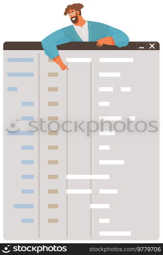 Young man programmer coding and correct errors in project. Guy sitting near web page template working on web development with scheme. Concept of script coding and programming in php python javascript. Young man programmer coding and correct errors in project. Guy sitting near web page template