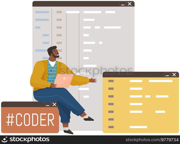 Young man programmer coding and correct errors in project. Guy sitting near web page template working on web development on computer. Concept of script coding and programming in php python javascript. Young man programmer coding and correct errors in project. Guy sitting near web page template