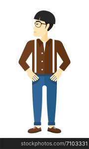Young man proud of himself vector flat design illustration isolated on white background. . Young man proud of himself.
