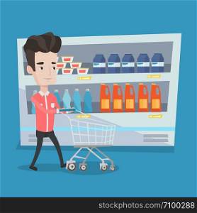 Young man pushing an empty supermarket cart. Customer shopping at supermarket with cart. Caucasian man walking with trolley on aisle at supermarket. Vector flat design illustration. Square layout.. Customer with shopping cart vector illustration.