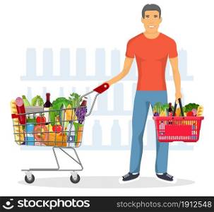 Young man pushing supermarket shopping cart full of groceries. Red plastic shopping basket full of groceries products in hand. Grocery store. Vector illustration in flat style. Young man shopping for groceries