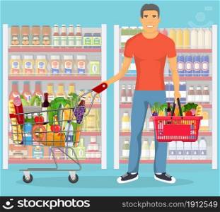 Young man pushing supermarket shopping cart full of groceries. Red plastic shopping basket full of groceries products in hand. Grocery store. Vector illustration in flat style. Young man shopping for groceries