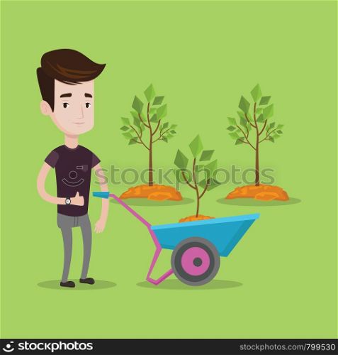 Young man pushing wheelbarrow with plant and dirt in the park. A gardener with wheelbarrow on a background of newly planted trees. Vector flat design illustration. Square layout.. Man pushing wheelbarrow with plant.