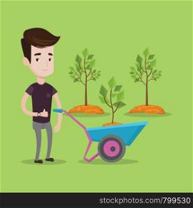 Young man pushing wheelbarrow with plant and dirt in the park. A gardener with wheelbarrow on a background of newly planted trees. Vector flat design illustration. Square layout.. Man pushing wheelbarrow with plant.