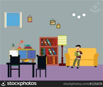Young man reading book sitting on the couch