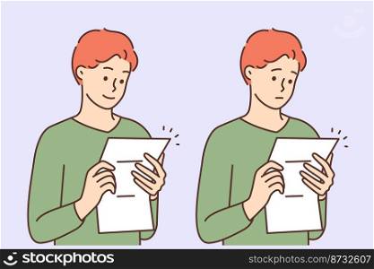 Young man reading good and bad news in paper letter. Male look at paperwork document receive positive versus negative answer or feedback. Vector illustration. . Man read bad and good news in letter 