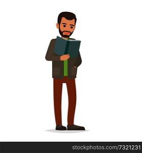 Young man reading textbook. Brown-haired male student standing with open book in hands flat vector isolated on white background. Enthusiastic reader illustration for educational and hobby concepts. Student Standing and Reading Textbook Flat Vector 