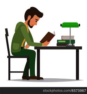 Young man reading textbook in library. Student seating at the table with open book in hands flat vector isolated on white background. Enthusiastic reader illustration for educational and hobby concept. Student Reading Textbook in Library Flat Vector