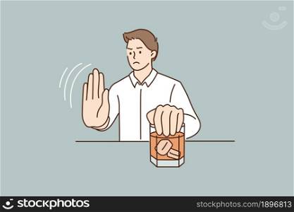 Young man refuse drinking alcohol. Decisive male make hand gesture sign say stop no to alcoholic cocktail. Guy reject beverage at bar follow healthy lifestyle. Flat vector illustration.. Young man refuse alcohol cocktail drinking