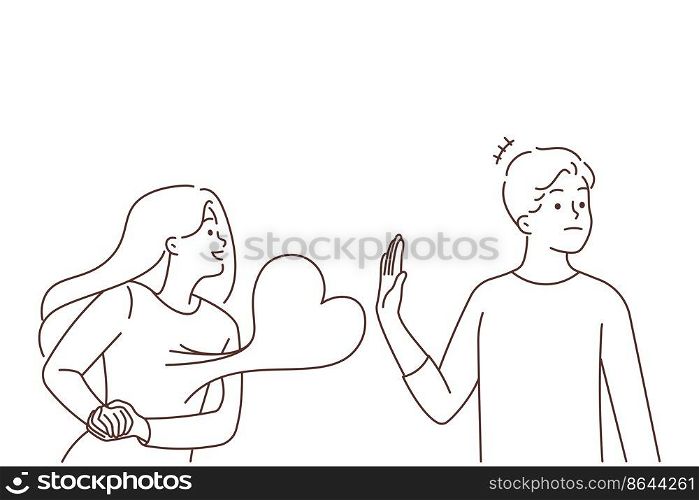 Young man reject woman in love showing affection. Stubborn guy say no to girl feeling in love. Relationships problems. Vector illustration. . Young man reject woman in love 