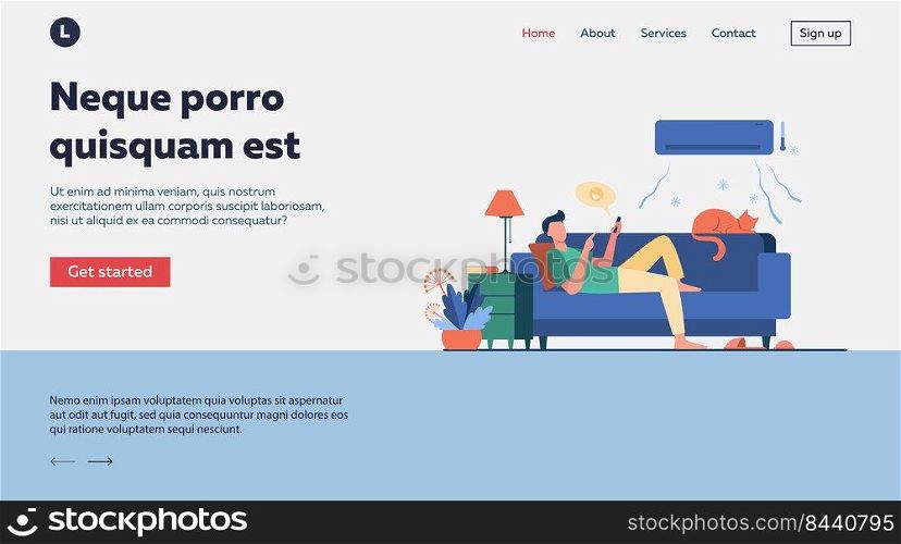 Young man relaxing at couch under air conditioner flat vector illustration. Cartoon guy in cold room chatting via smartphone. Digital technology and summer home concept