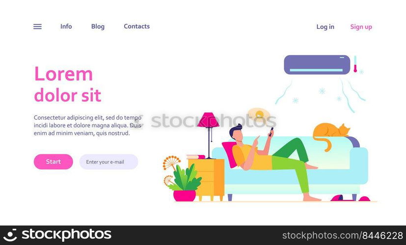 Young man relaxing at couch under air conditioner flat vector illustration. Cartoon guy in cold room chatting via smartphone. Digital technology and summer home concept