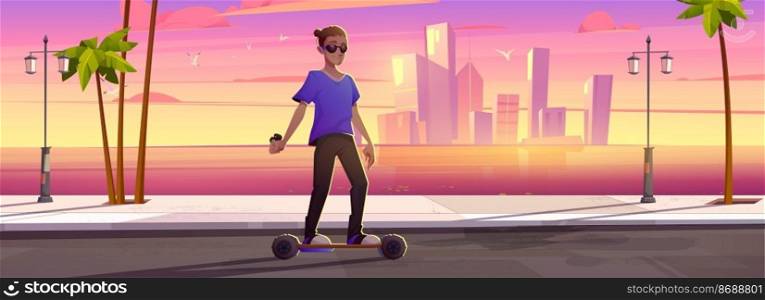 Young man ride hoverboard in city park at sunset cityscape background with skyscrapers and palm trees at sea bay. Character use eco-friendly vehicle, outdoor activities, Cartoon vector illustration. Young man ride hoverboard in city park at sunset