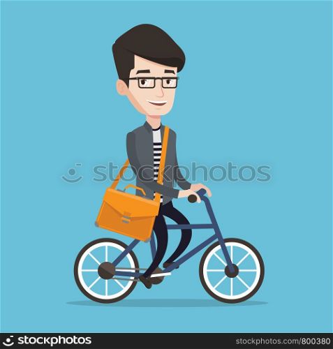Young man riding a bicycle. Cyclist riding bike. Businessman with briefcase on a bike. Healthy lifestyle concept. Vector flat design illustration. Square layout.. Man riding bicycle vector illustration.