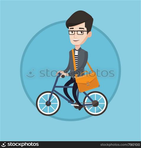 Young man riding a bicycle to work. Cyclist riding a bicycle. Businessman with briefcase on a bicycle. Healthy lifestyle concept. Vector flat design illustration in the circle isolated on background.. Man riding bicycle vector illustration.