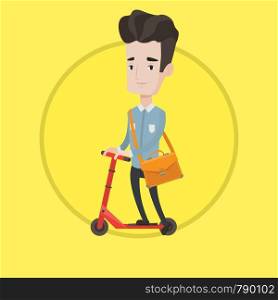 Young man riding a kick scooter. Businessman with briefcase riding to work on kick scooter. Caucasian man on kick scooter. Vector flat design illustration in the circle isolated on background.. Man riding kick scooter vector illustration.