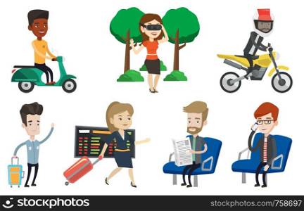 Young man riding a scooter. Smiling man driving a scooter. Happy man enjoying his trip on a scooter. Man traveling on a scooter. Set of vector flat design illustrations isolated on white background.. Transportation vector set with people traveling.