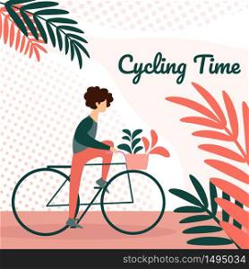 Young Man Riding Bicycle with Flowers in Front Basket on Park Background. Active Character Enjoying Bike Ride Open Air. Summer Healthy Lifestyle, Eco Transportation. Cartoon Flat Vector Illustration. Young Man Riding Bicycle with Flowers in Basket