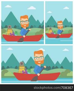 Young man riding in a kayak on the river with a skull in hands and some tourist equipment behind him. Man traveling by kayak. Vector flat design illustration. Square, horizontal, vertical layouts.. Man riding in kayak vector illustration.