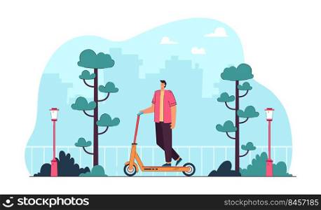 Young man riding scooter in modern city. Flat vector illustration. Happy male cartoon character riding kick scooter in city park after work, on holiday, enjoying nature. Modern city, transport concept