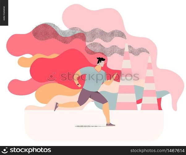 Young man running in smog, gas-polluted air. Flat vector cartoon illustration of a young sportsman running along the urban street, with a lot of smoke and industrial pipes smoking on the background.. Young man running in smog