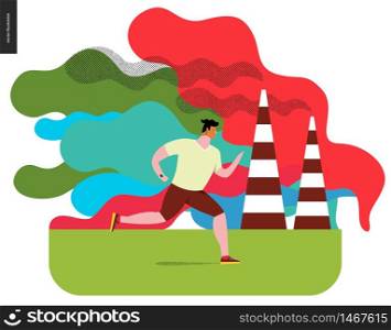 Young man running in smog, gas-polluted air. Flat vector cartoon illustration of a young sportsman running along the urban street, with a lot of smoke and industrial pipes smoking on the background.. Young man running in smog