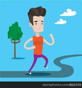 Young man running. Male runner jogging outdoors. Sportsman running in the park. Running man on forest road. Vector flat design illustration. Square layout.. Young man running vector illustration.