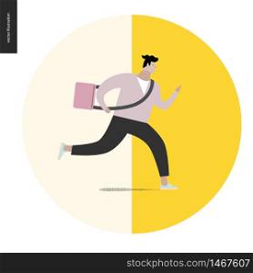Young man running with a bag in a round shape. Flat vector cartoon illustration of a young man hurrying to somewhere, wearing a bag on a long belt.. Young man running with a bag in round shape