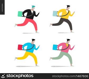 Young man running with a bag in four colors. Flat vector cartoon illustration of a young man hurrying to somewhere, wearing a bag on a long belt.. Young man running with a bag in four colors